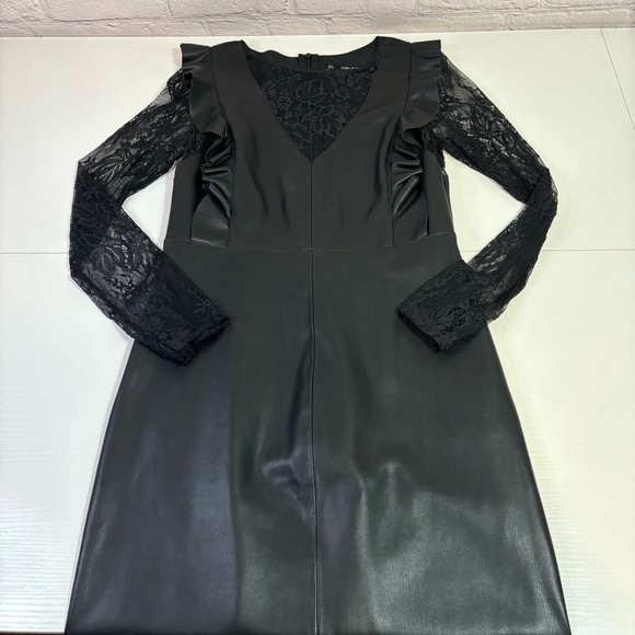 Zara Faux Leather Mini Dress with Lace Sleeves and Ruffled Bodice - Picture 4 of 8